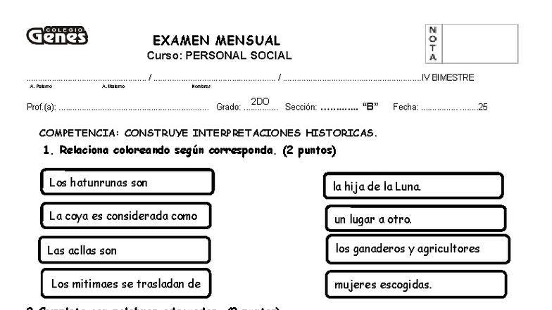 EXAMEN MENSUAL 2DO PERSONAL SOCIAL IV BIMESTRE - Studocu