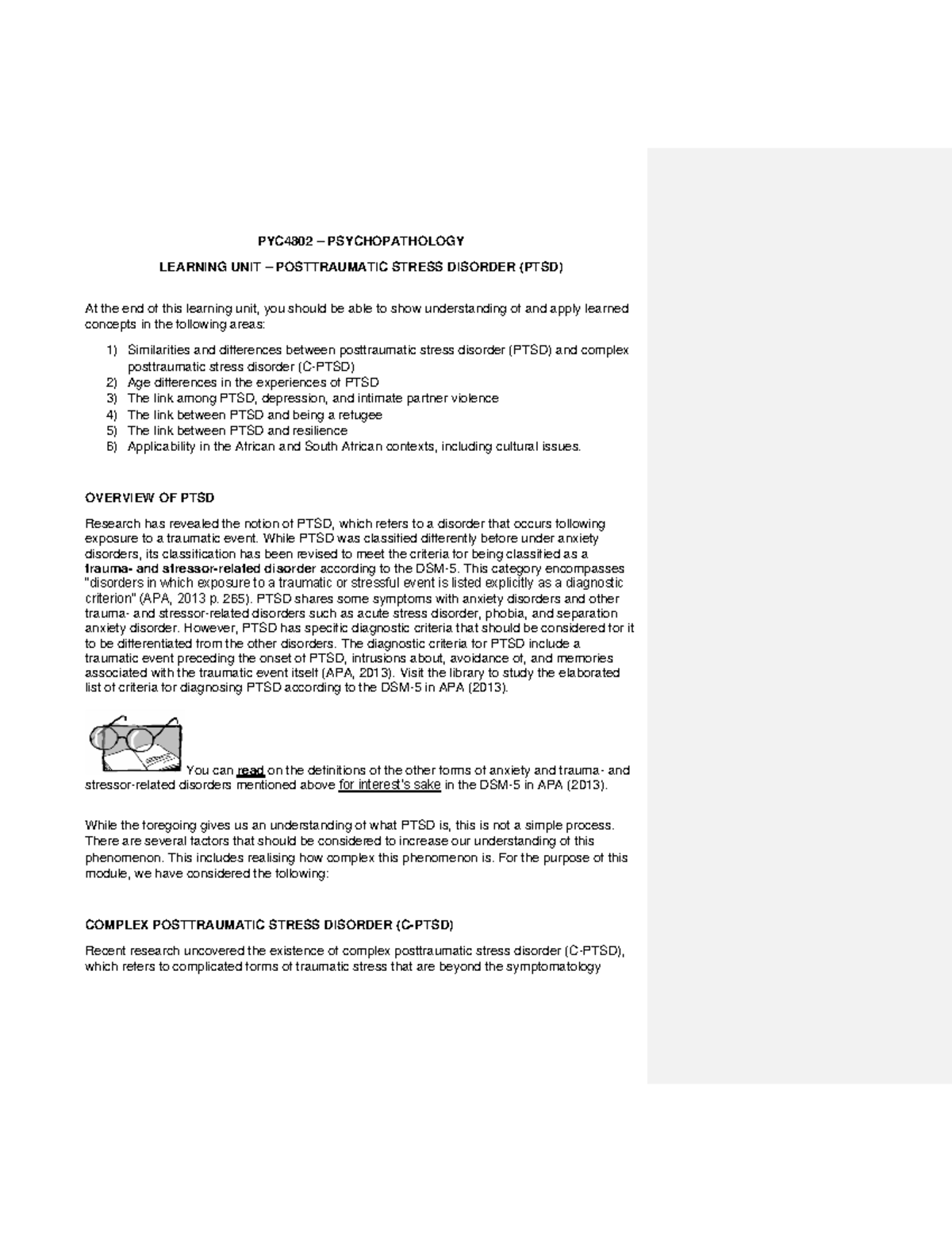 PYC4802 Lecture Notes on Posttraumatic Stress Disorder (PTSD) - Studocu