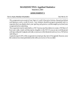 Assignment 1 Questions - MAS223Applied Statistics ICT513Data Analytics ...