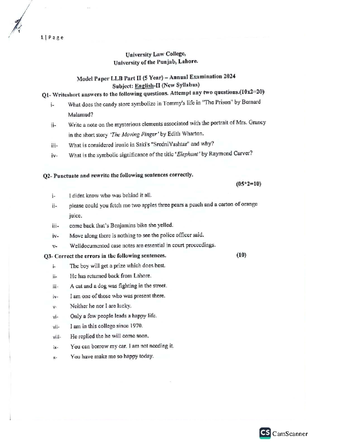 Model Paper LLB Part II (5 Year) Annual Exam 2024 - English-II - Studocu