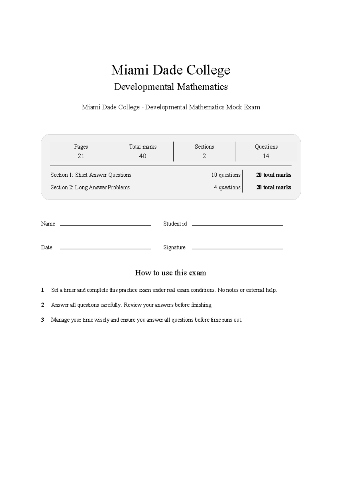 MAT0057 Developmental Mathematics MDC Mock Exam Practice Test 2026 ...