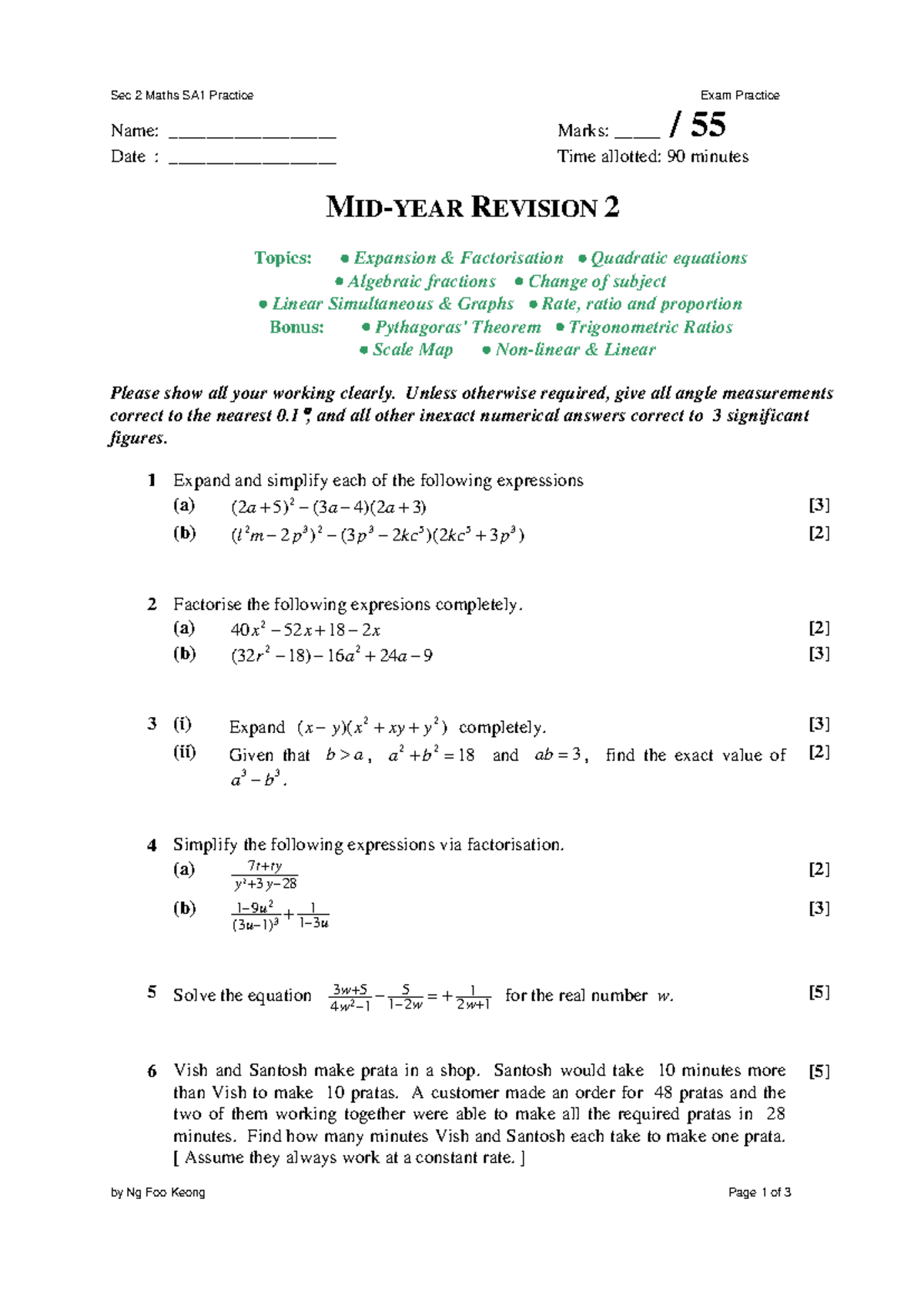Sec 2 Maths SA1 Practice Exam 2: Revision & Problem Solving - Studocu