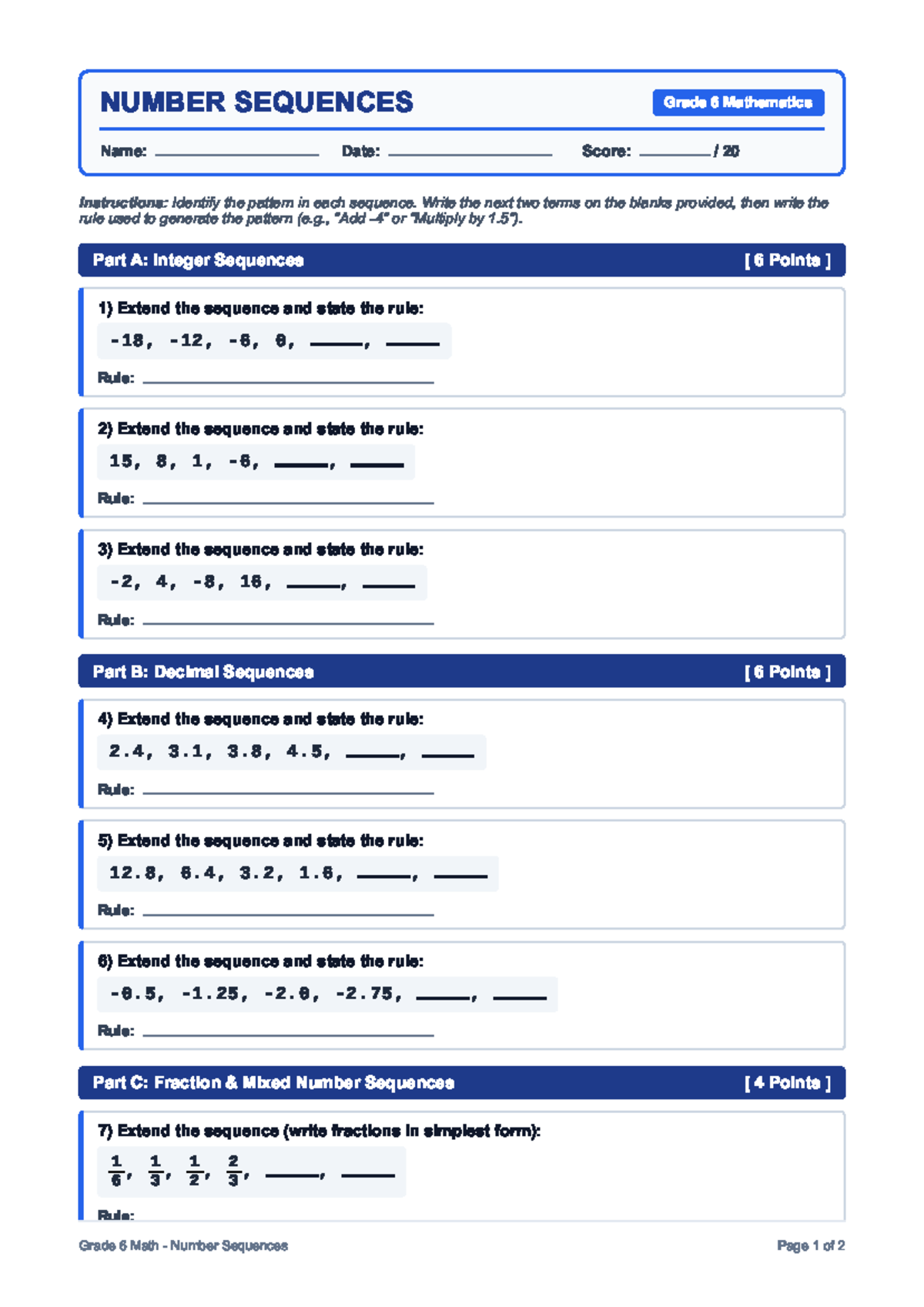 Grade 6 Math Worksheet: Number Sequences & Patterns - Studocu