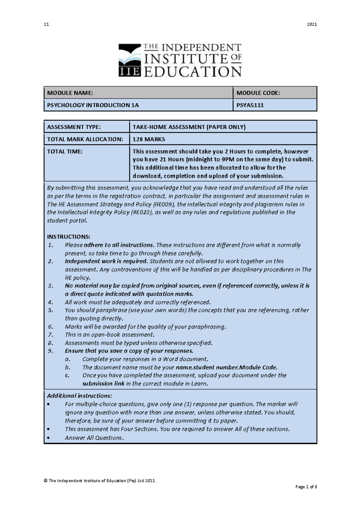 PSYA5111E Take Home Exam: Psychology Introduction 1A Assessment 2021 ...