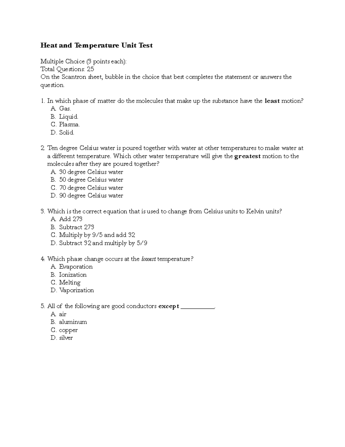 Heat and Temperature Unit Test (25 Questions) - Studocu