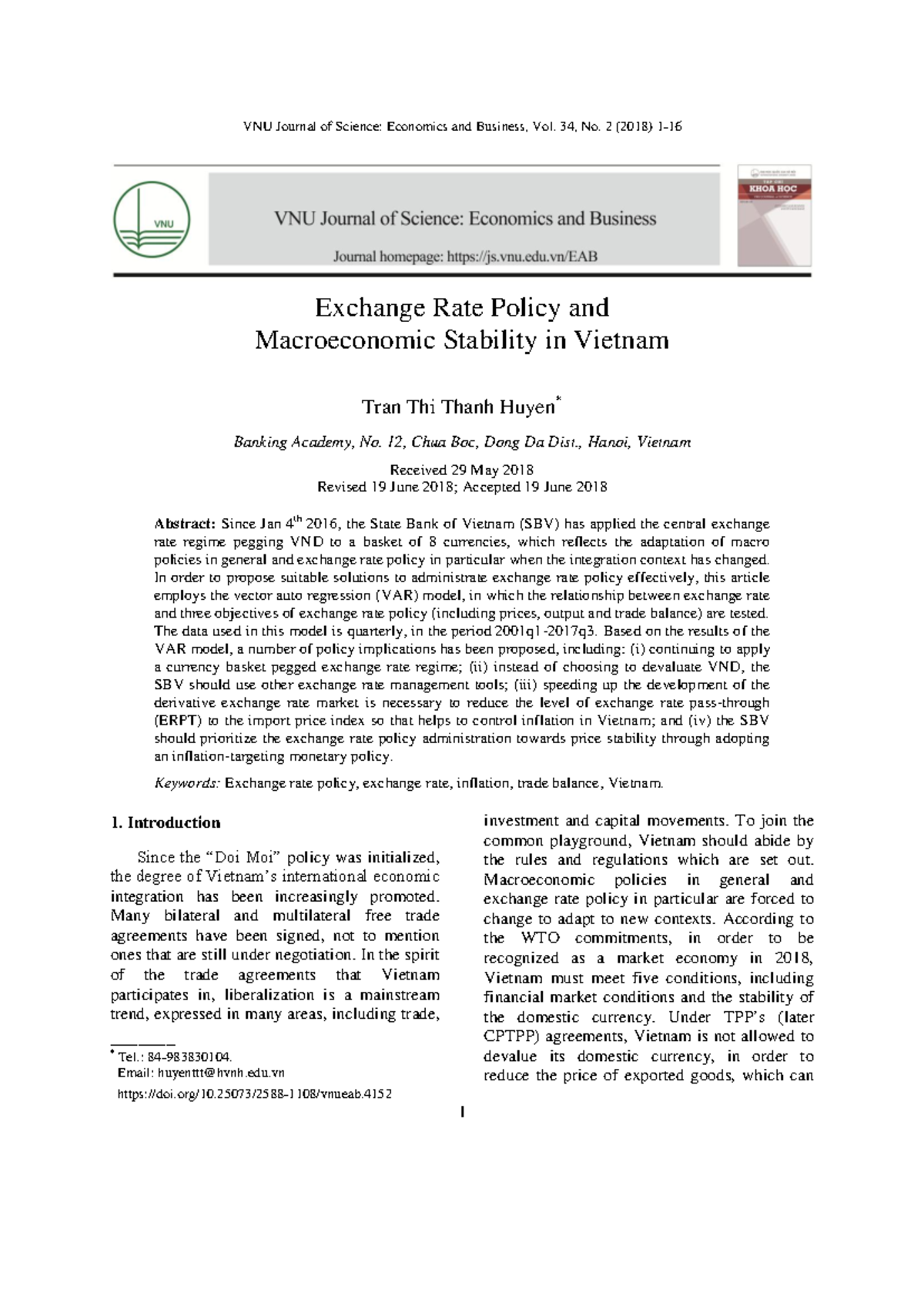 Exchange Rate Policy and Macroeconomic Stability in Vietnam (ECO 34-2 ...