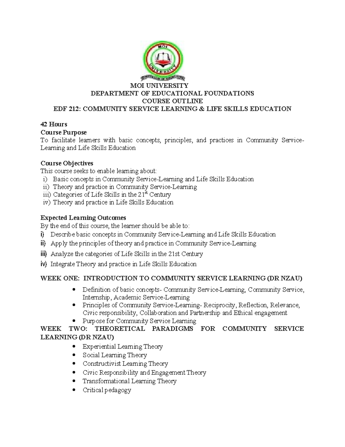 EDF 212 Community Service Learning Course Outline and Objectives - Studocu