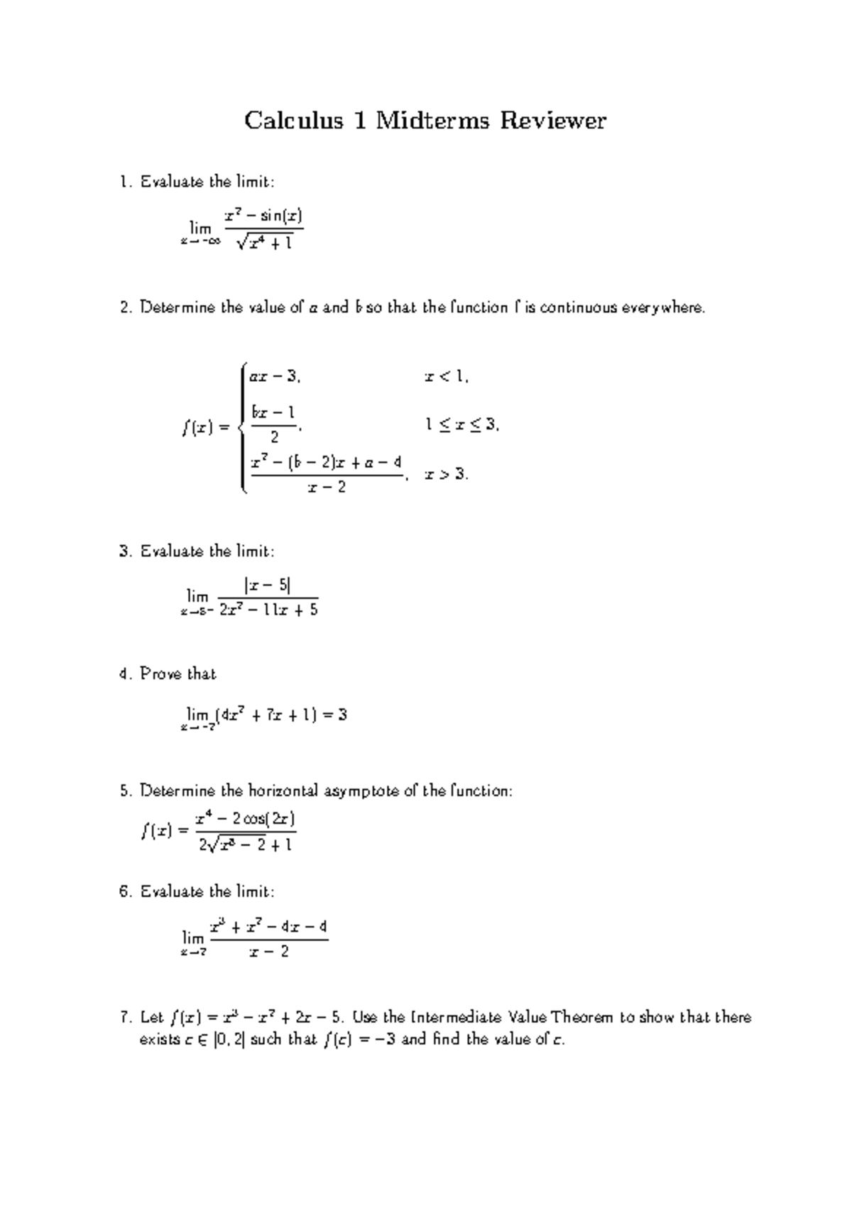 Calculus 1 Midterms Reviewer Solutions and Limit Evaluations - Studocu