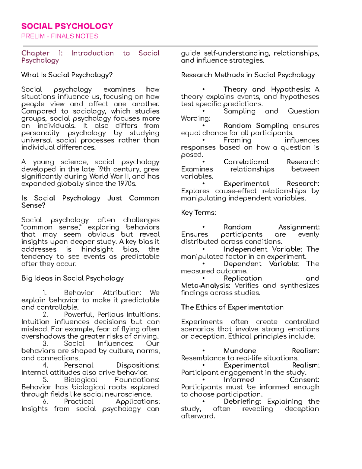 SOCP Prelim - SOCIAL PSYCHOLOGY PRELIM - FINALS NOTES Chapter 1 ...
