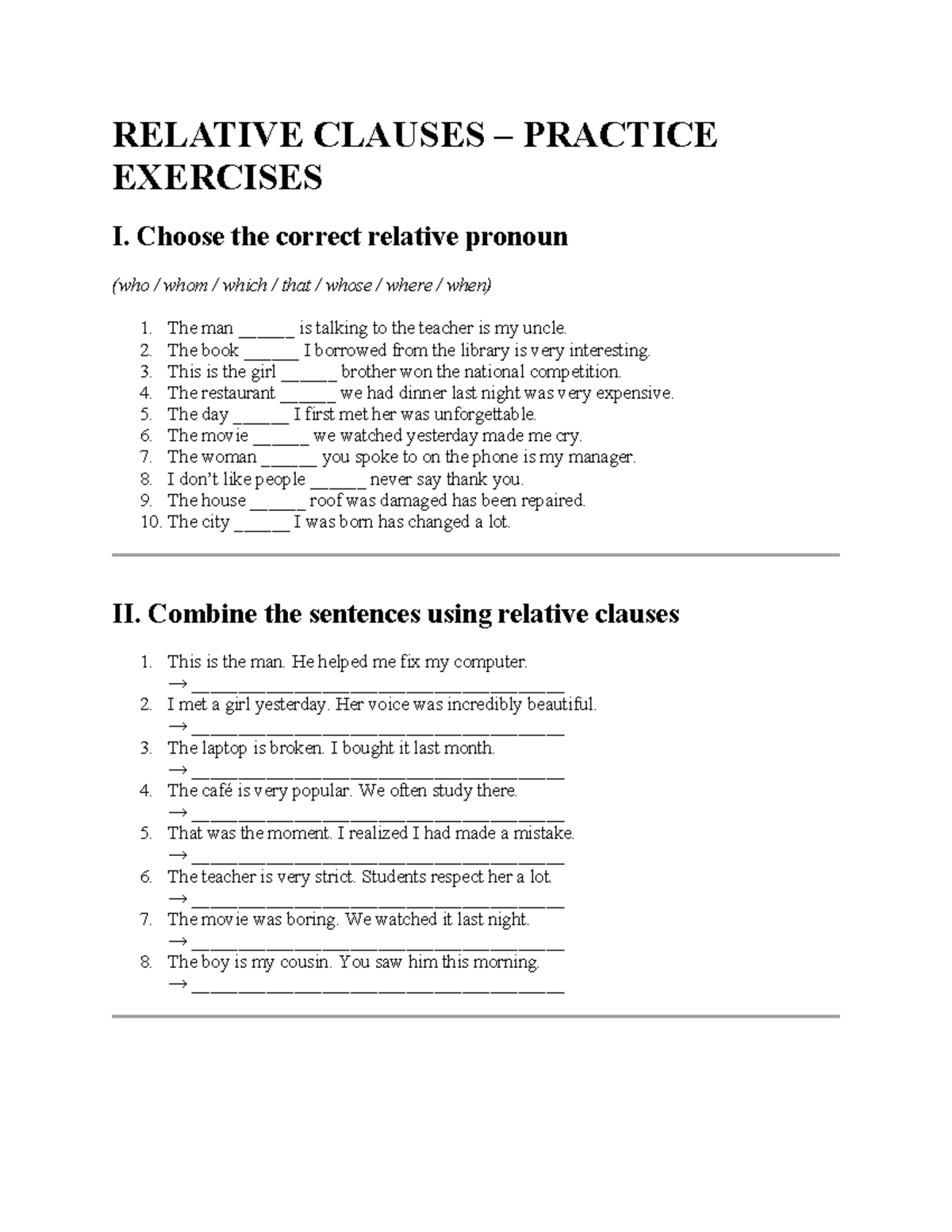 Relative Clauses Practice Exercises - ENG 101 - Studocu