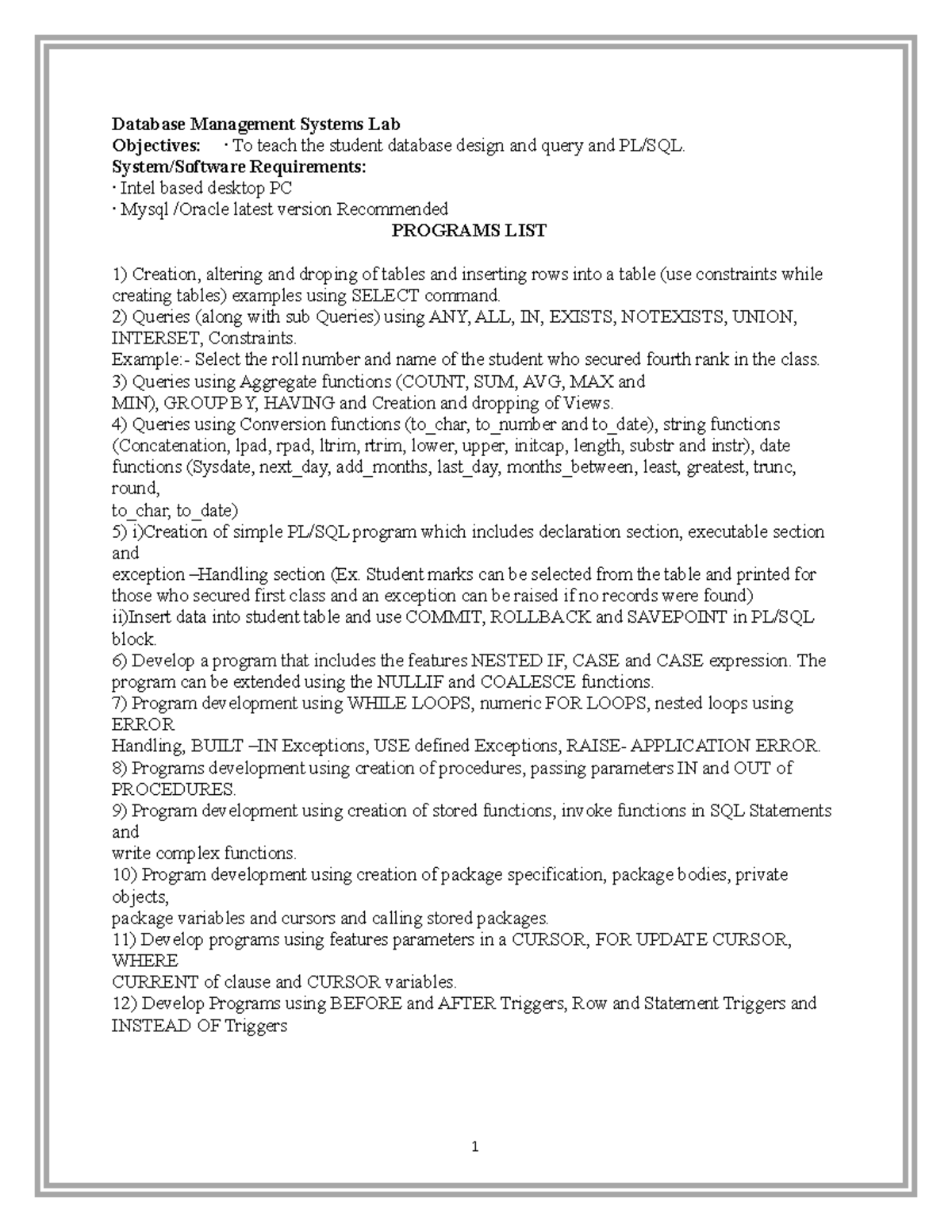 DBMS lab manual - Database Management Systems Lab Objectives: · To ...