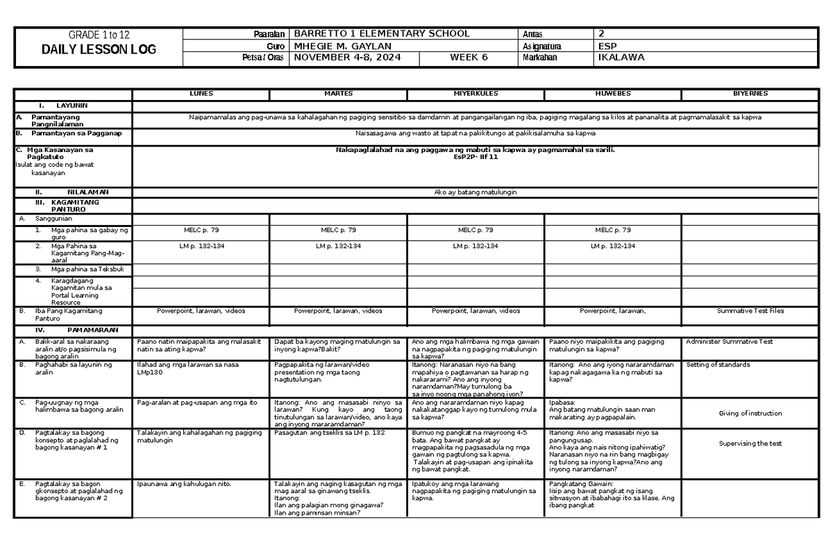 Q2 ESP WEEK 6 - Daily Lesson Log for Grades 1 to 12 - Studocu