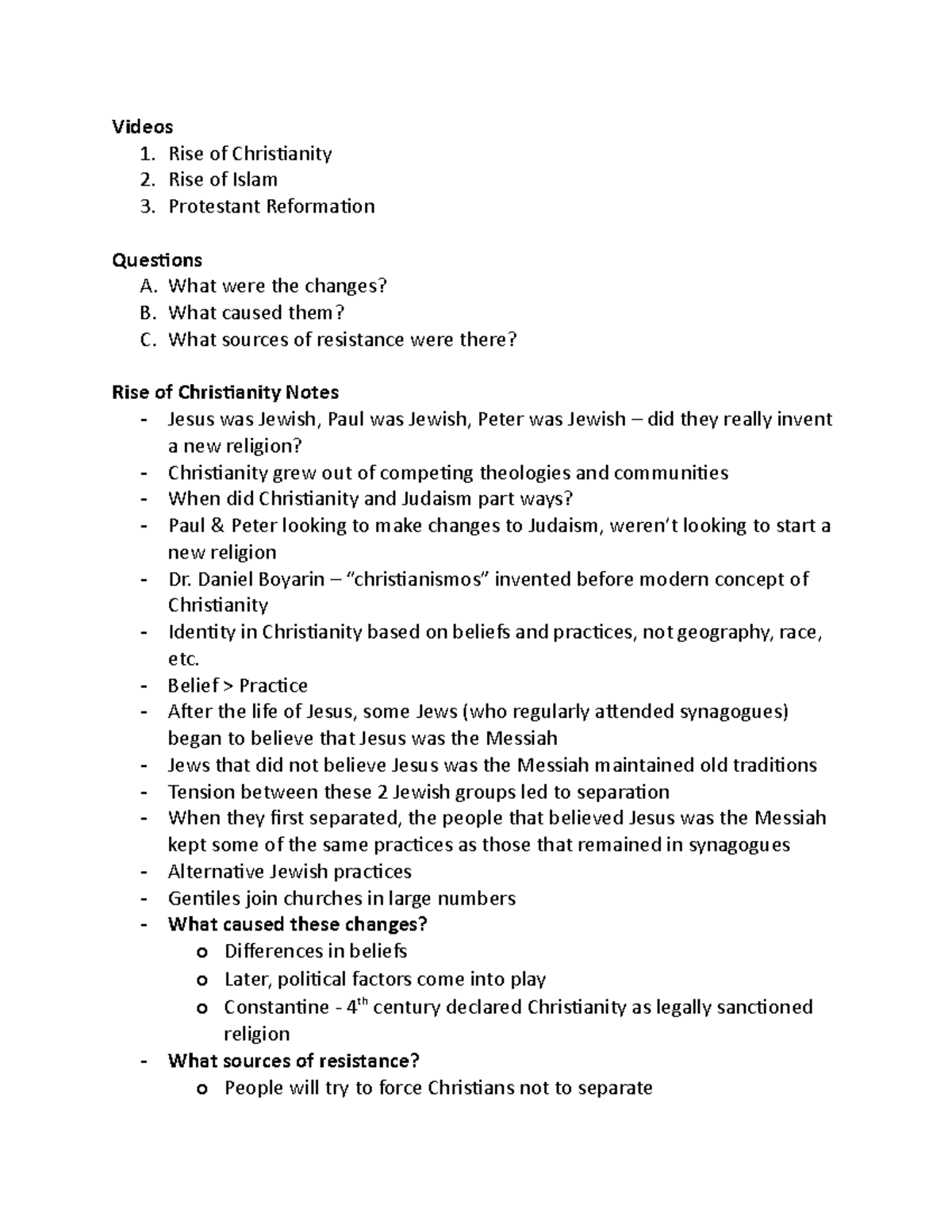 RELG 200 - Video Notes - Videos 1. Rise of Christianity 2. Rise of ...