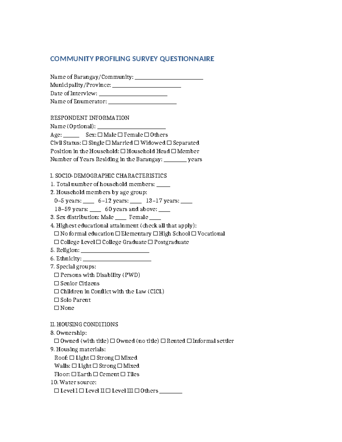 COMMUNITY PROFILING SURVEY QUESTIONNAIRE: Key Insights and Data - Studocu