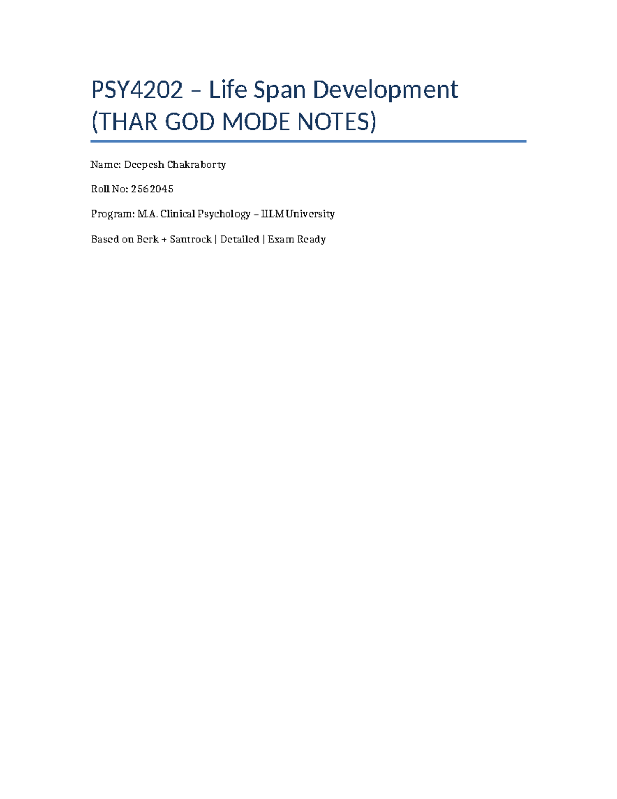PSY4202 Life Span Development: Comprehensive Study Notes - Studocu