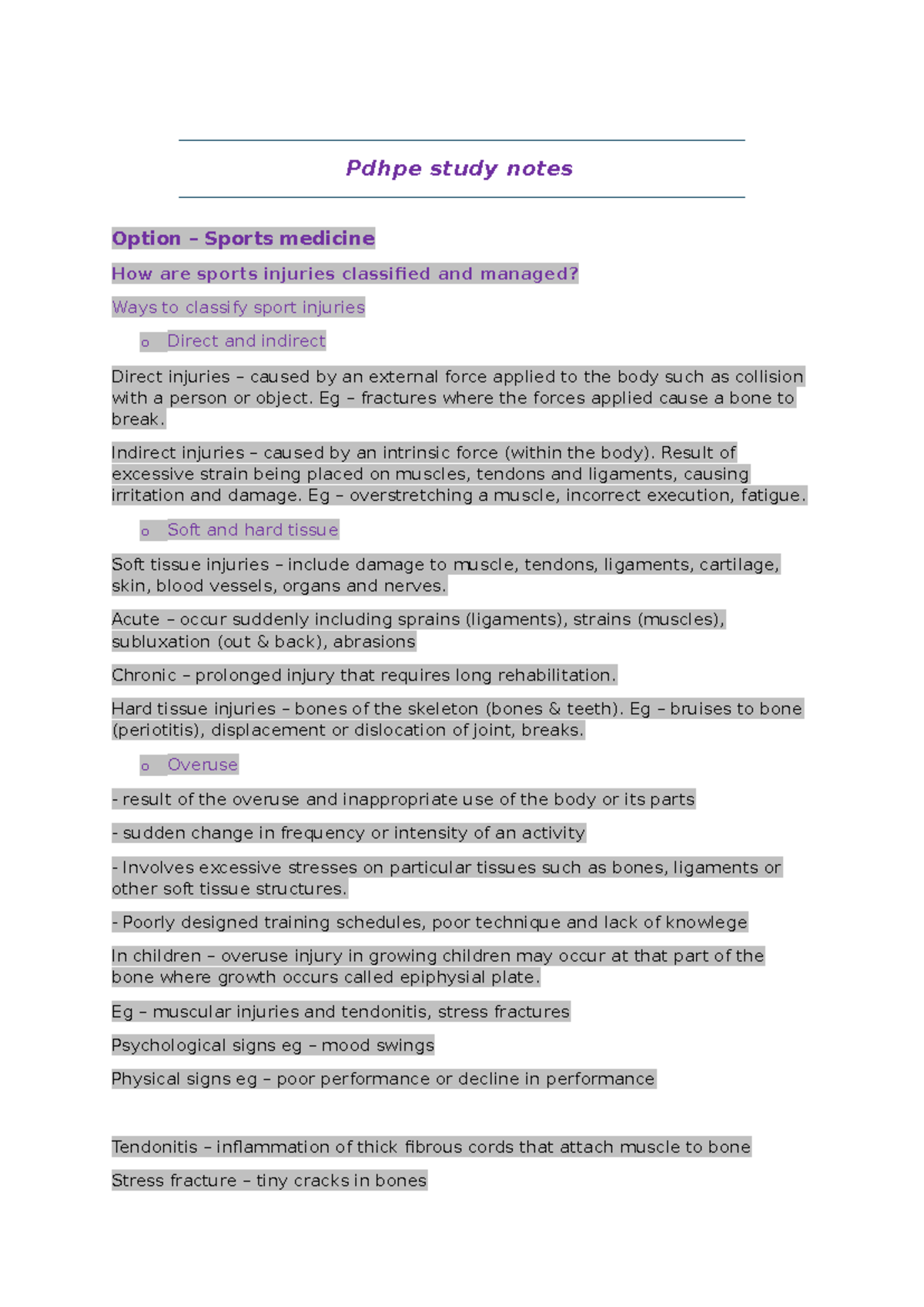 Year 12 PDHPE Study Notes: Sports Medicine & Injury Management - Studocu