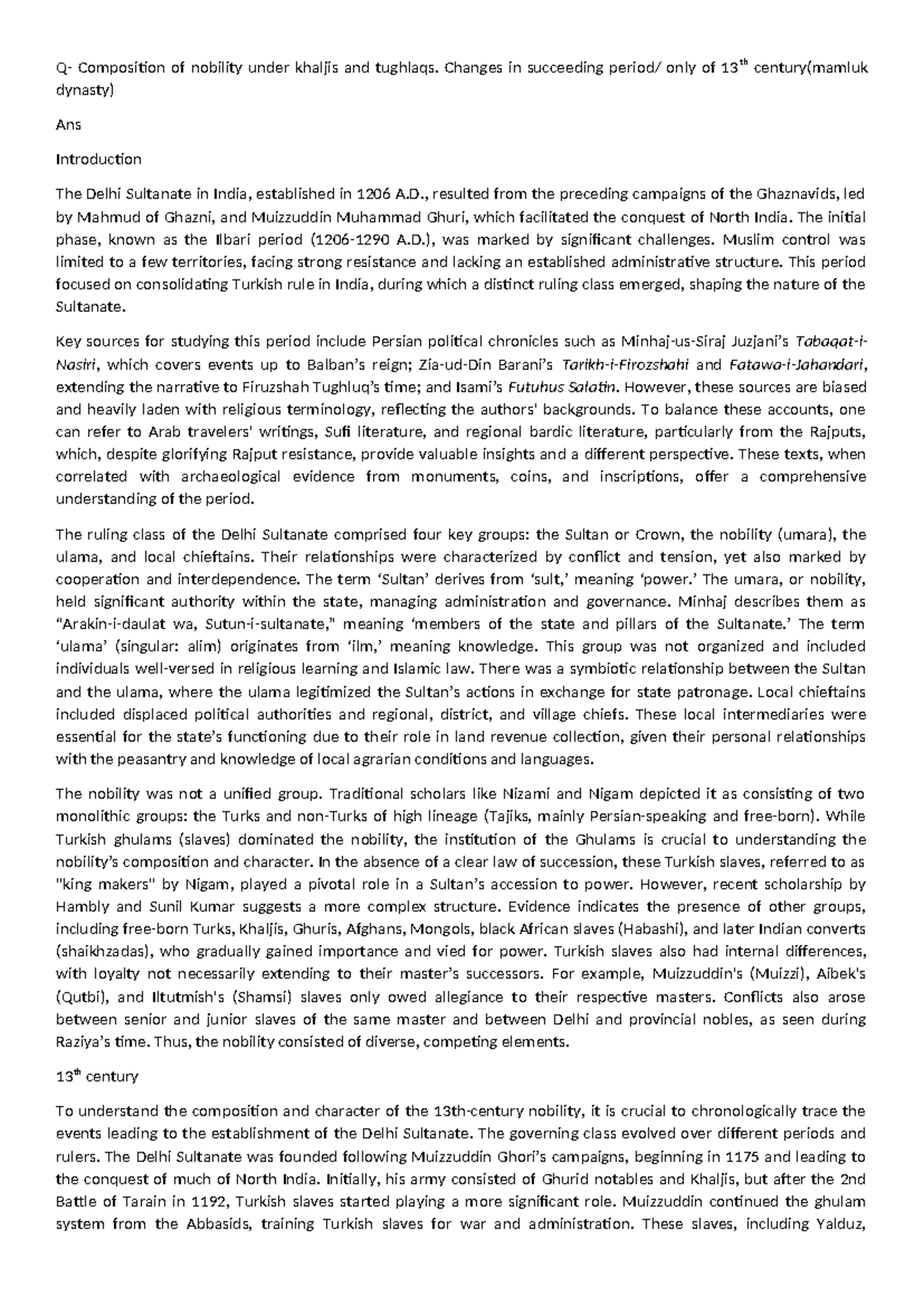 Nobility Composition Under Sultunate: Insights from 13th Century A.D ...