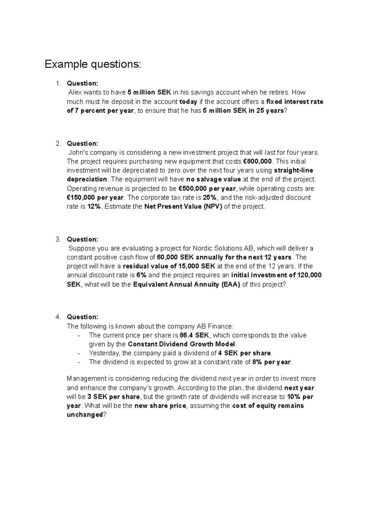 Old Exam Questions for Finance 101: Investment & Valuation - Studocu