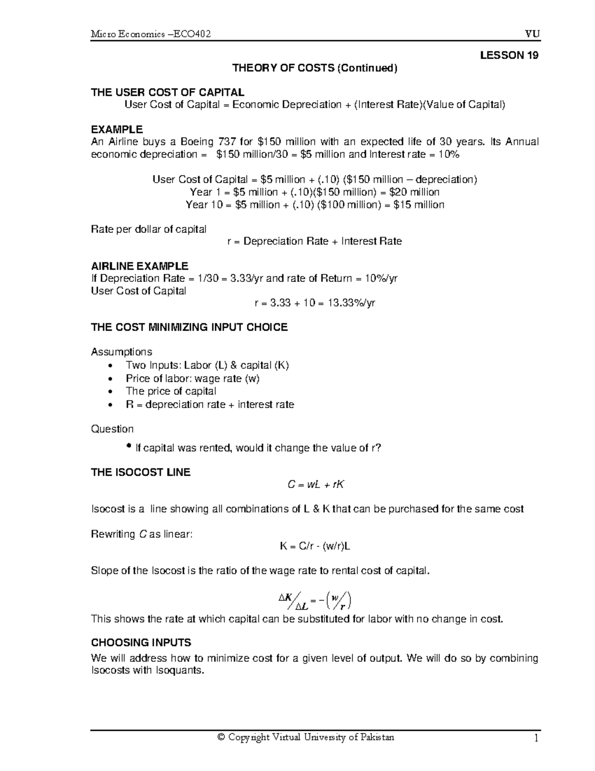 Lesson 19: Theory of Costs - User Cost of Capital (ECO402) - Studocu