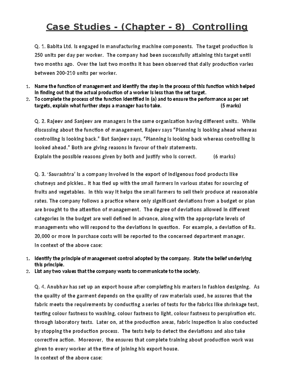 XII BS - CH 8 CASE Study - Key Questions & Management Insights - Studocu