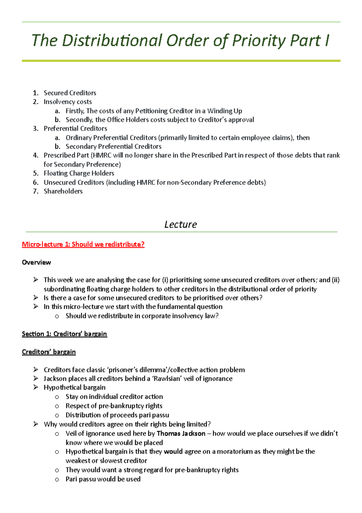 4. The Distributional Order of Priority: Part I - Lecture Notes - Studocu
