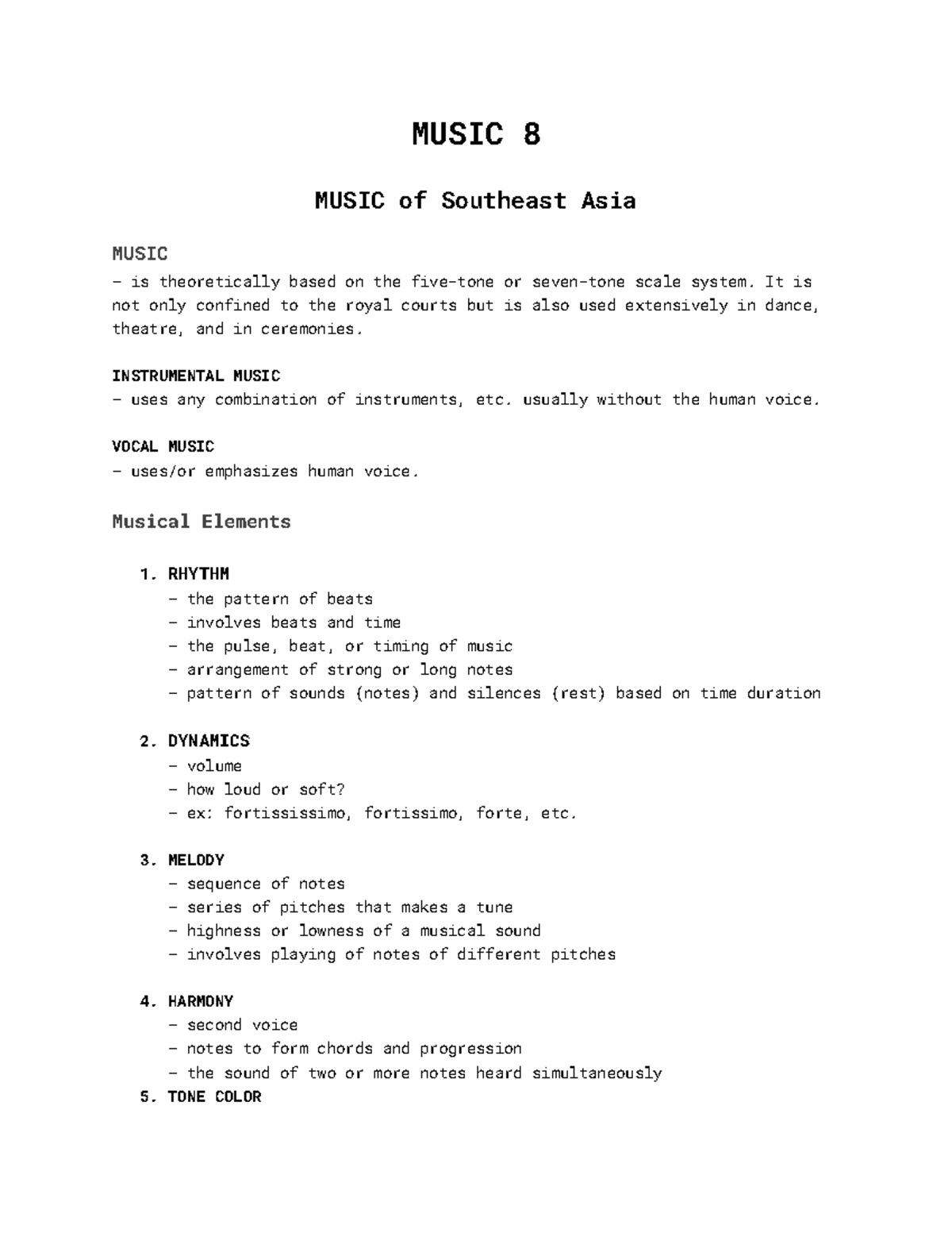 [MAPEH 8] Overview of Southeast Asian Music and Instruments - Studocu
