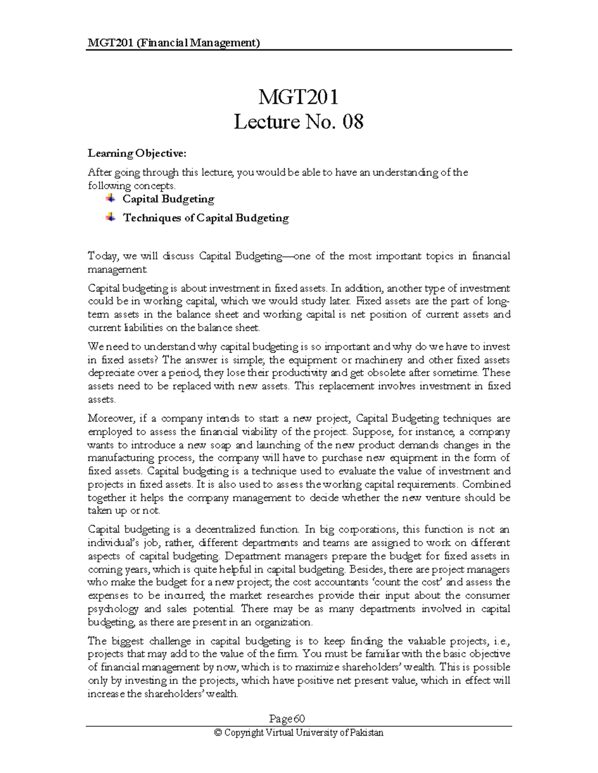MGT Lecture 08: Understanding Capital Budgeting Techniques - Studocu