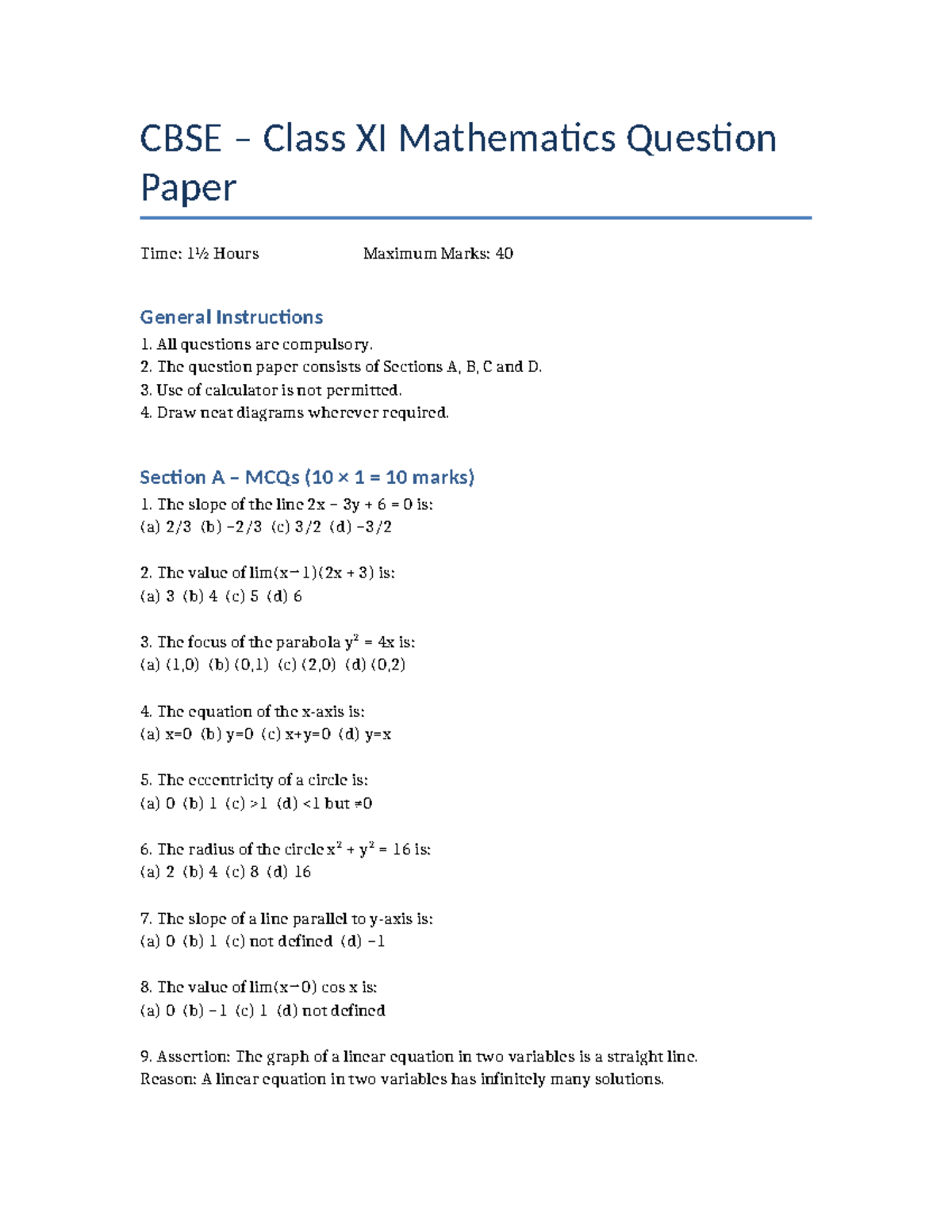 CBSE Class XI Mathematics 40 Marks Question Paper - Studocu