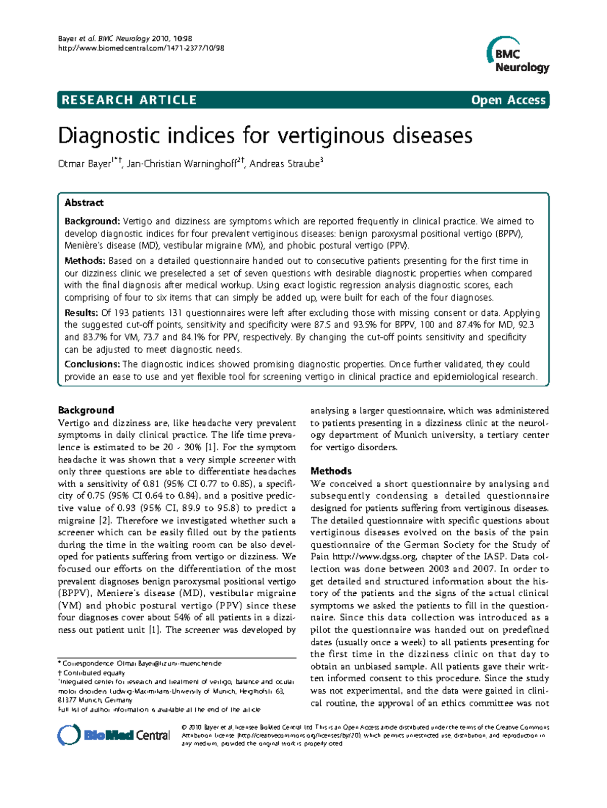 Diagnostic Indices for Vertiginous Diseases: BMC Neurology 2010, 10:98 ...