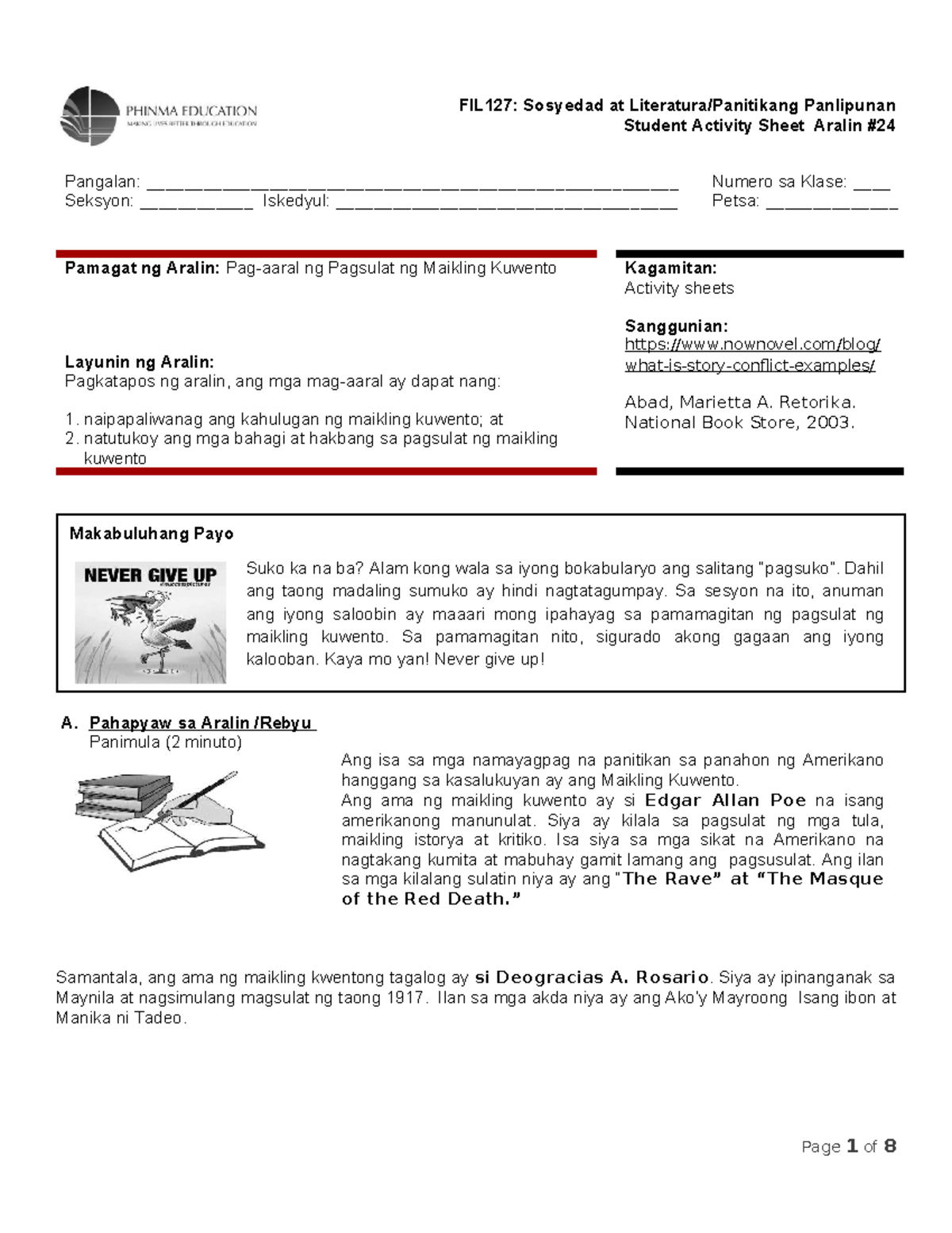 SAS24-FIL127: Student Activity Sheet sa Pagsulat ng Maikling Kuwento ...
