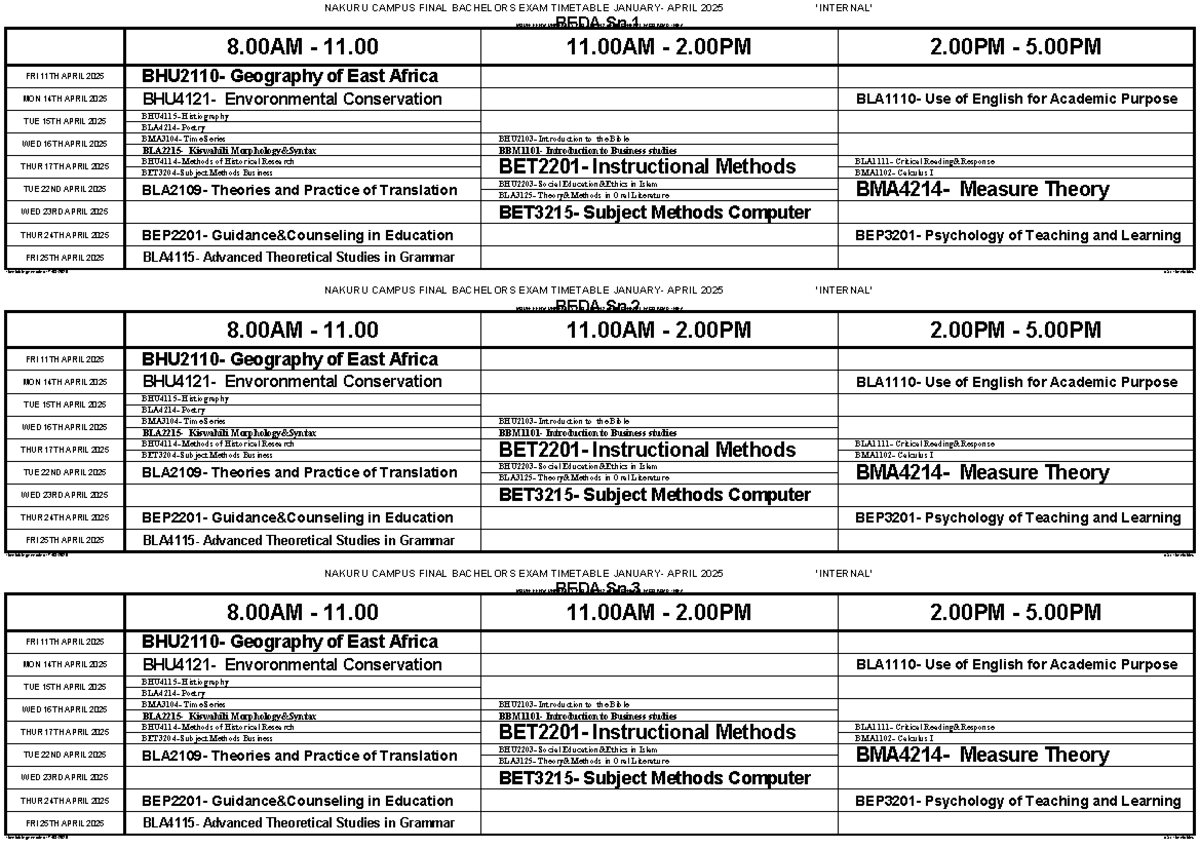 NAKURU CAMPUS FINAL BACHELORS EXAM TIMETABLE APRIL 2025 - Studocu