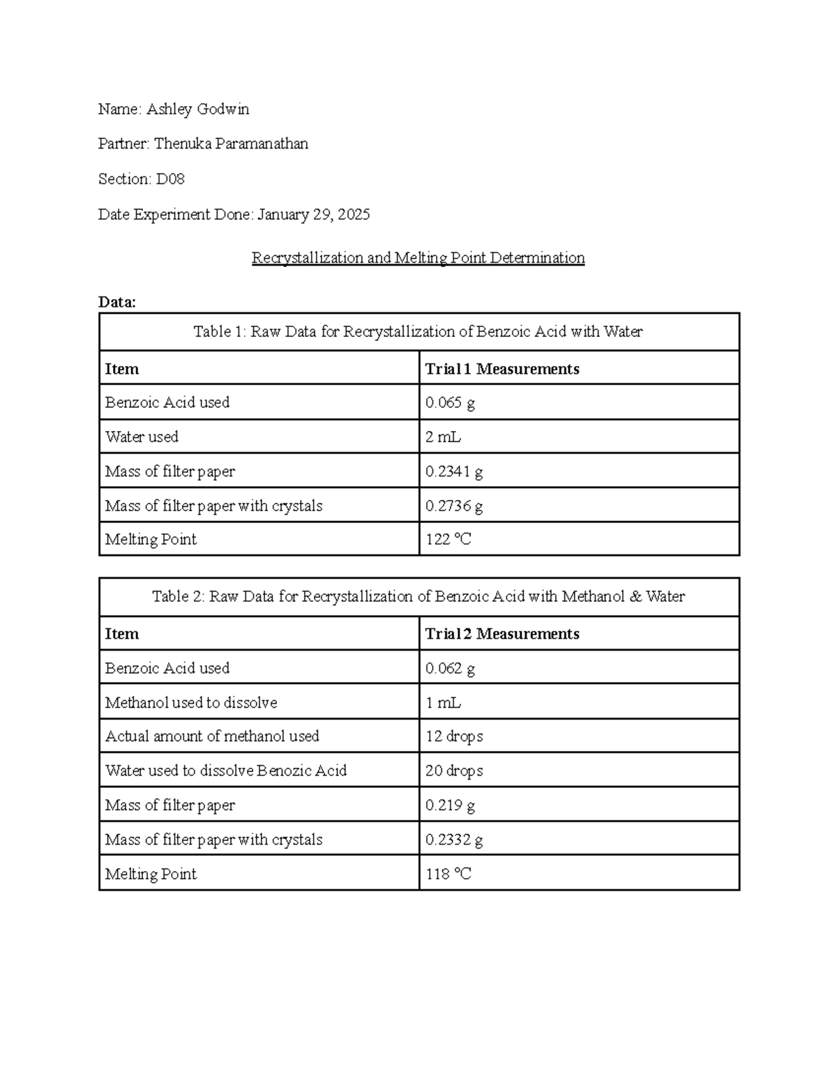 Lab 1 - Recrystallization & Melting Point Determination Report - Studocu