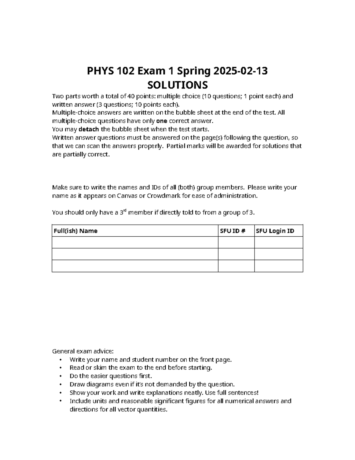 PHYS 102 MT1 Spring 2025 Exam Solutions and Guidelines - Studocu