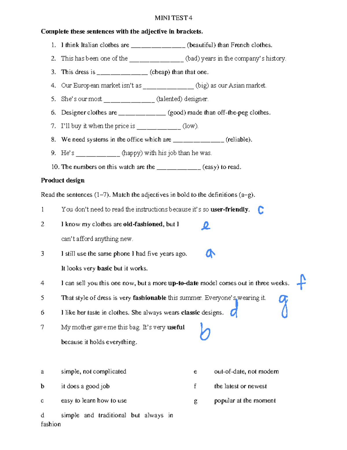 MINI TEST 4: Adjective Completion and Definitions Exercise - Studocu