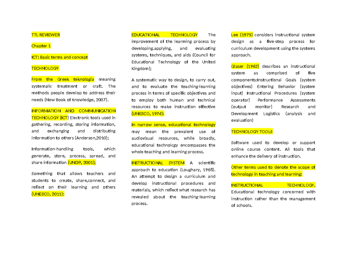 TTL REVIEWER: Chapter 1 - ICT Basics and Educational Technology - Studocu