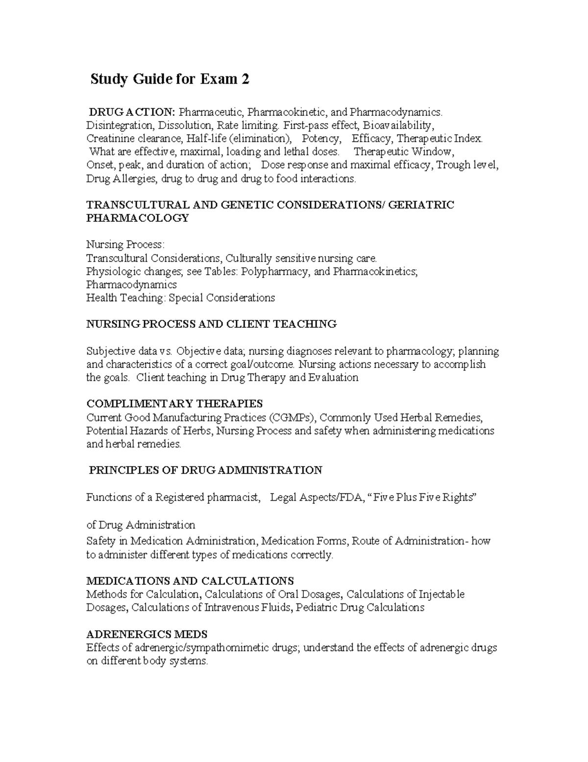 Pharm Study Guide for Exam 2: Drug Action & Nursing Considerations ...