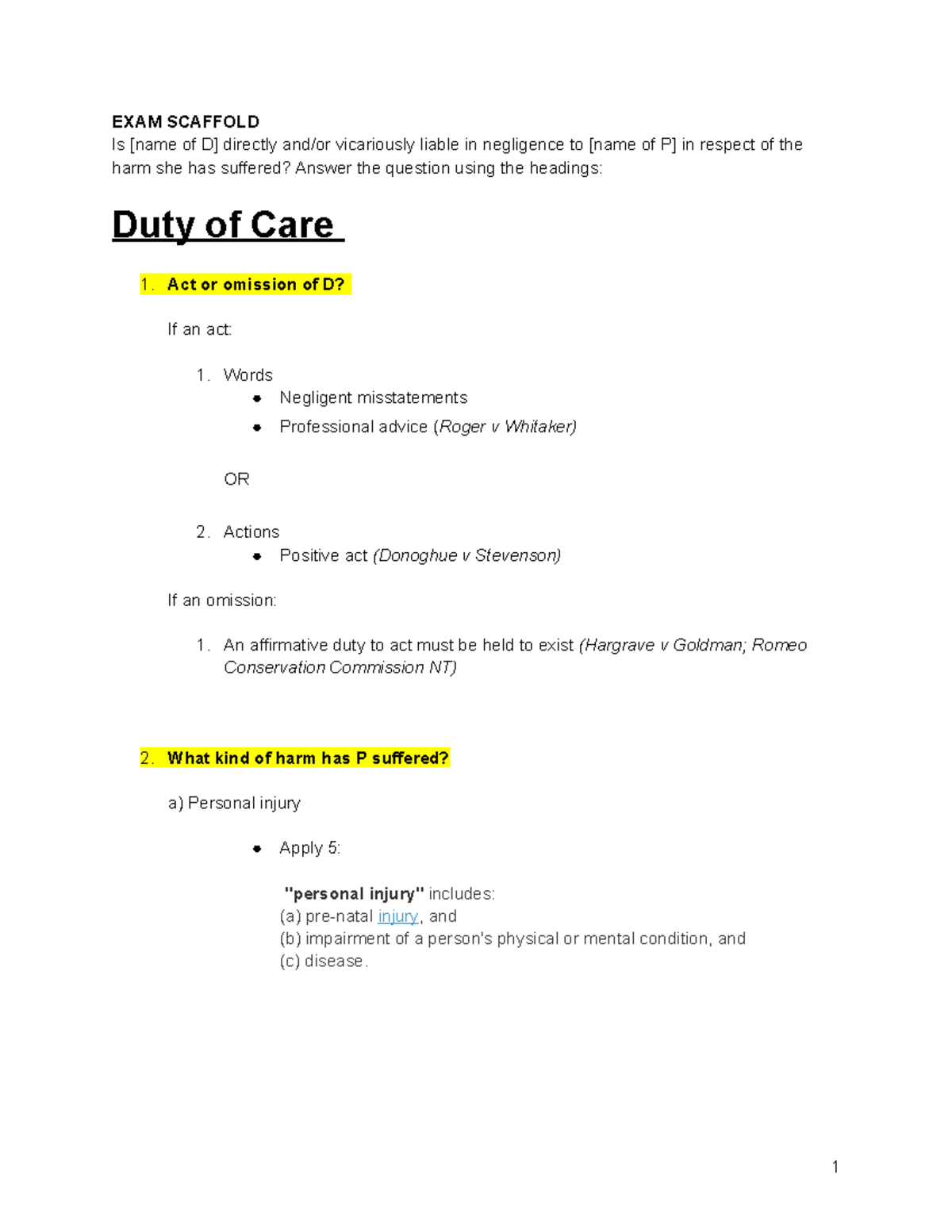 Torts (LAW101) - Comprehensive Exam Notes on Negligence Law - Studocu