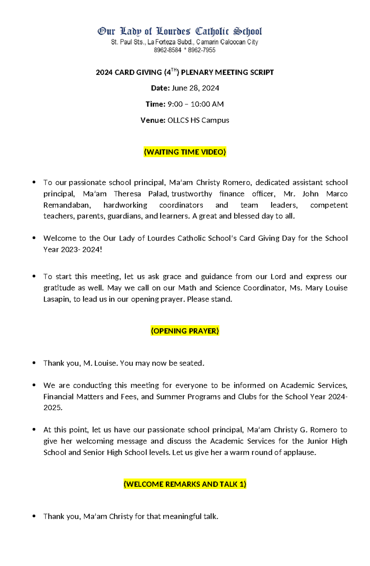 Orientation Script FOR ELEM - 2024 CARD GIVING ( TH ) PLENARY MEETING ...
