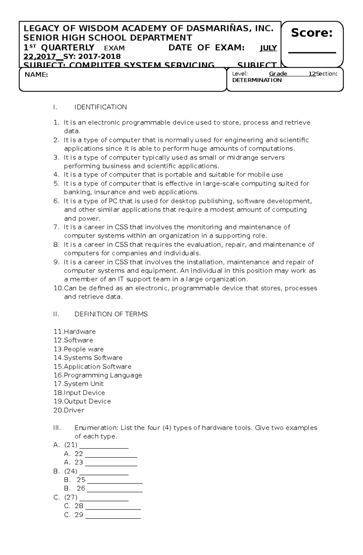 CSS Grade 12 1st Quarterly Exam - Computer System Servicing - Studocu