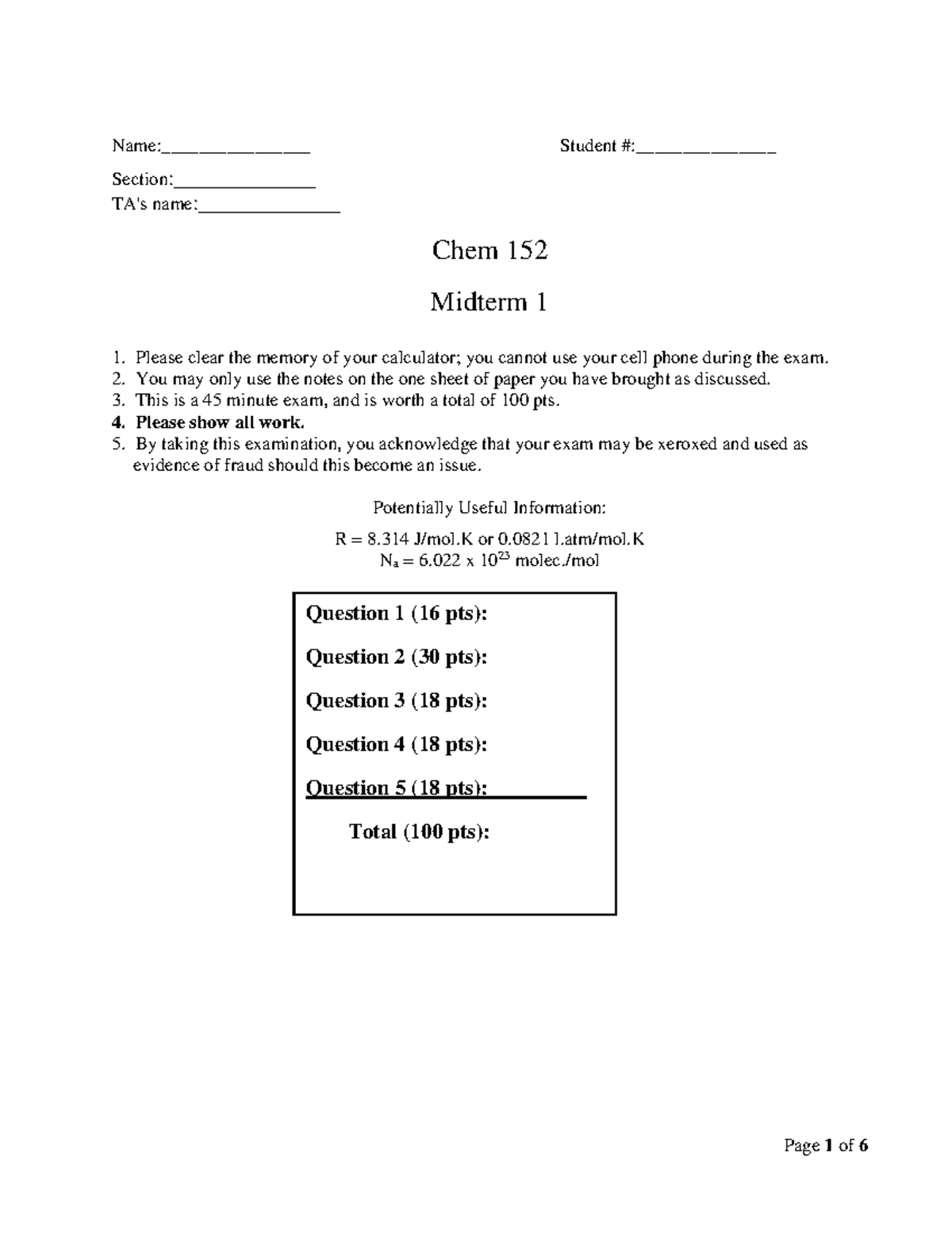 Chem 152 Practice Midterm 1: Exam Instructions & Questions - Studocu
