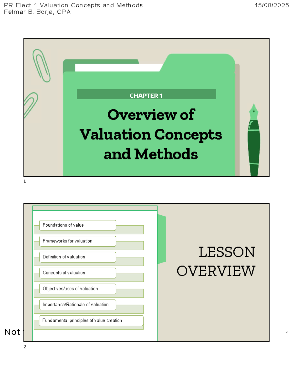 PR Valuation Concepts and Methods (CPA) - Chapter 1 Overview - Studocu