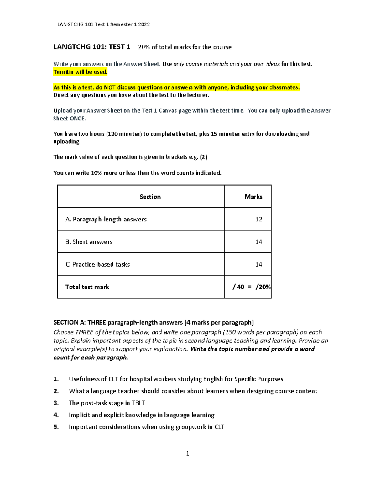 LANGTCHG101 Test 1 Questions and Guidelines for Completion - Studocu