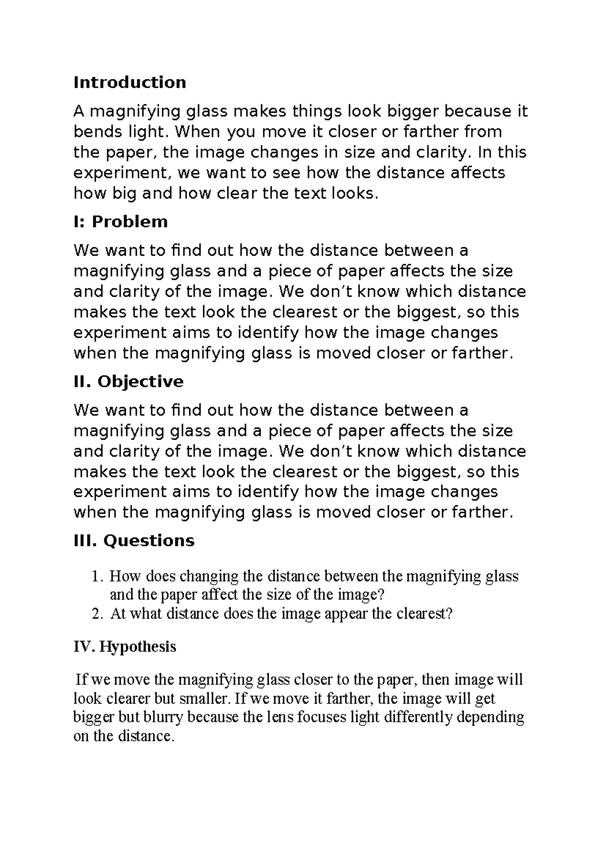 Magnifying Glass Experiment: Effects of Distance on Image Clarity - Studocu