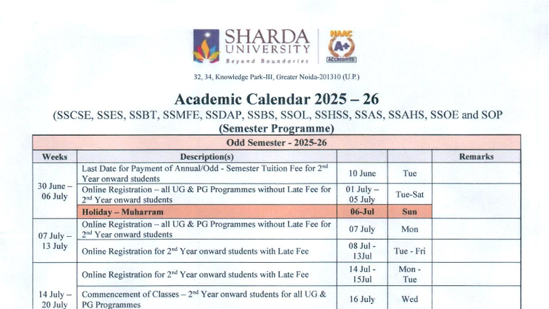 Academic Calendar 2025-26 for UG & PG Programs (SSCSE, SSES, SSBT ...