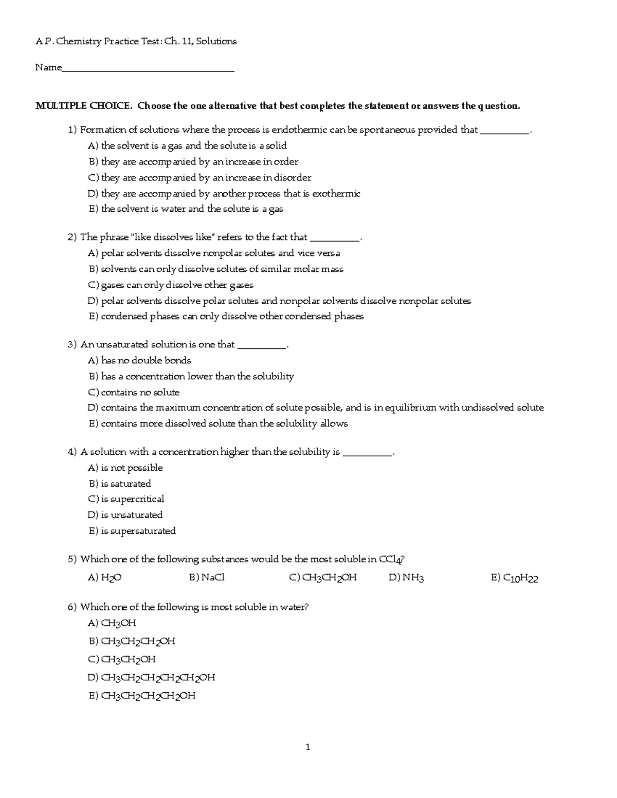 A.P. Chemistry Ch. 11 Practice Test Solutions - Studocu