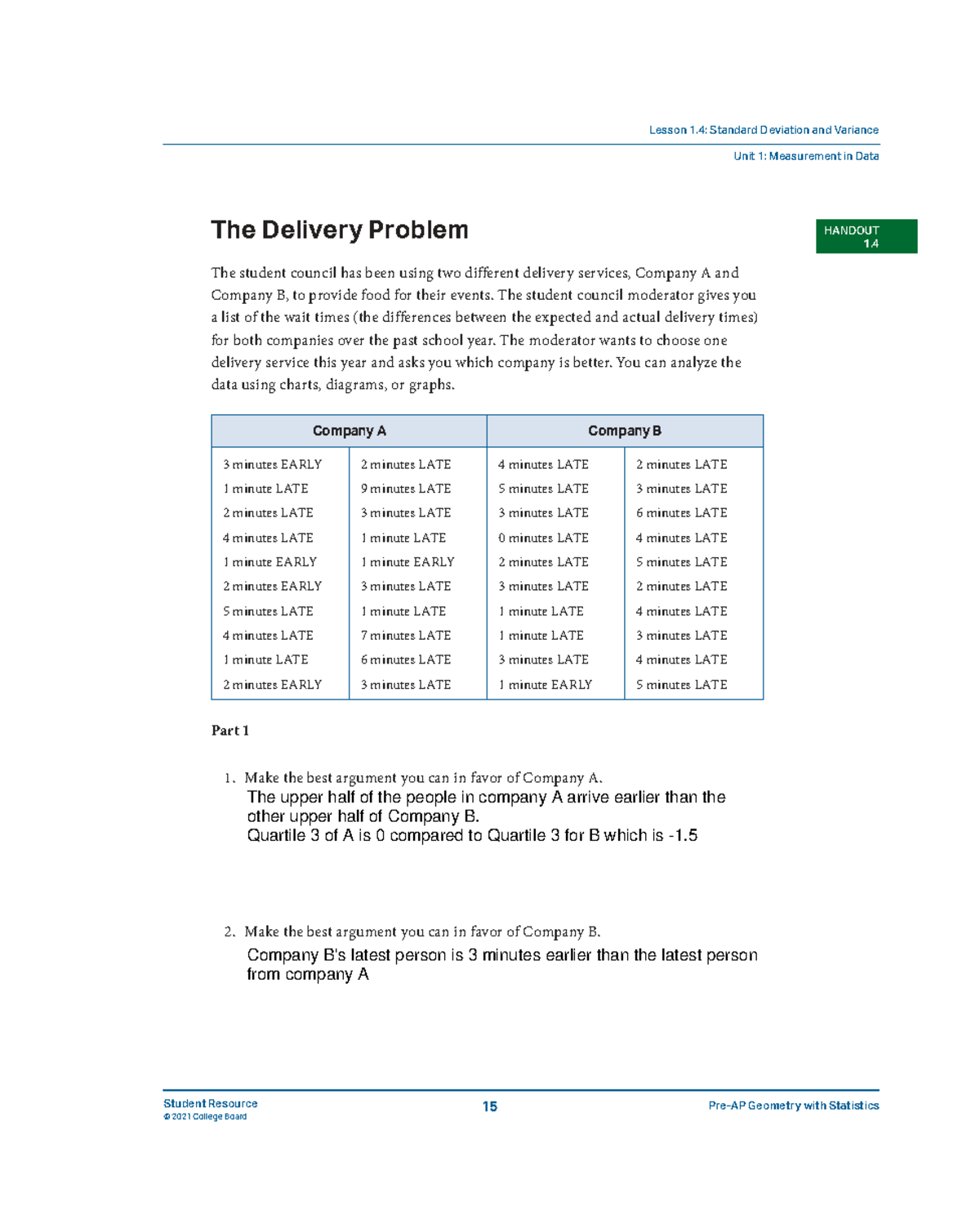 Lesson 1.4: Analyzing Delivery Times for Companies A & B - Studocu