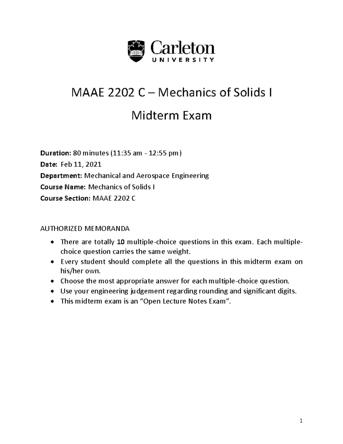 MAAE 2202 C Mechanics of Solids I Midterm Exam Review Notes - Studocu