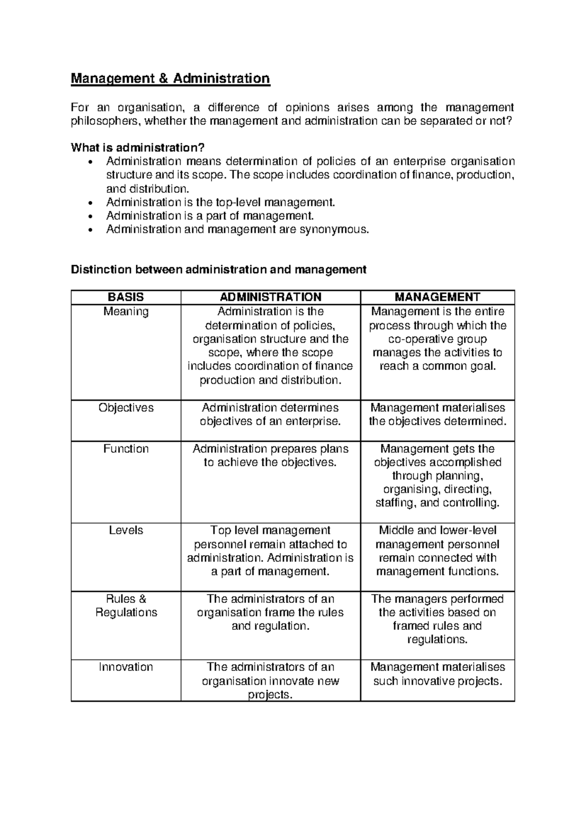 Management & Administration: Distinctions and Interconnections - Studocu