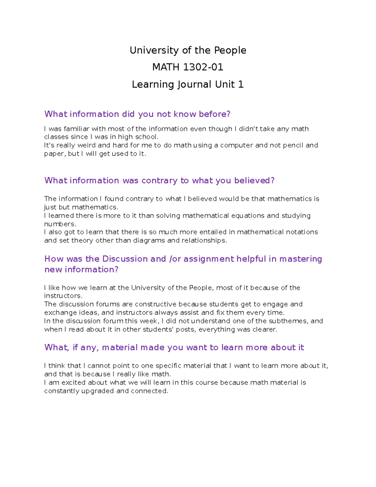 Math 1302 Learning Journal Unit 1 - University of the People MATH 1302 ...