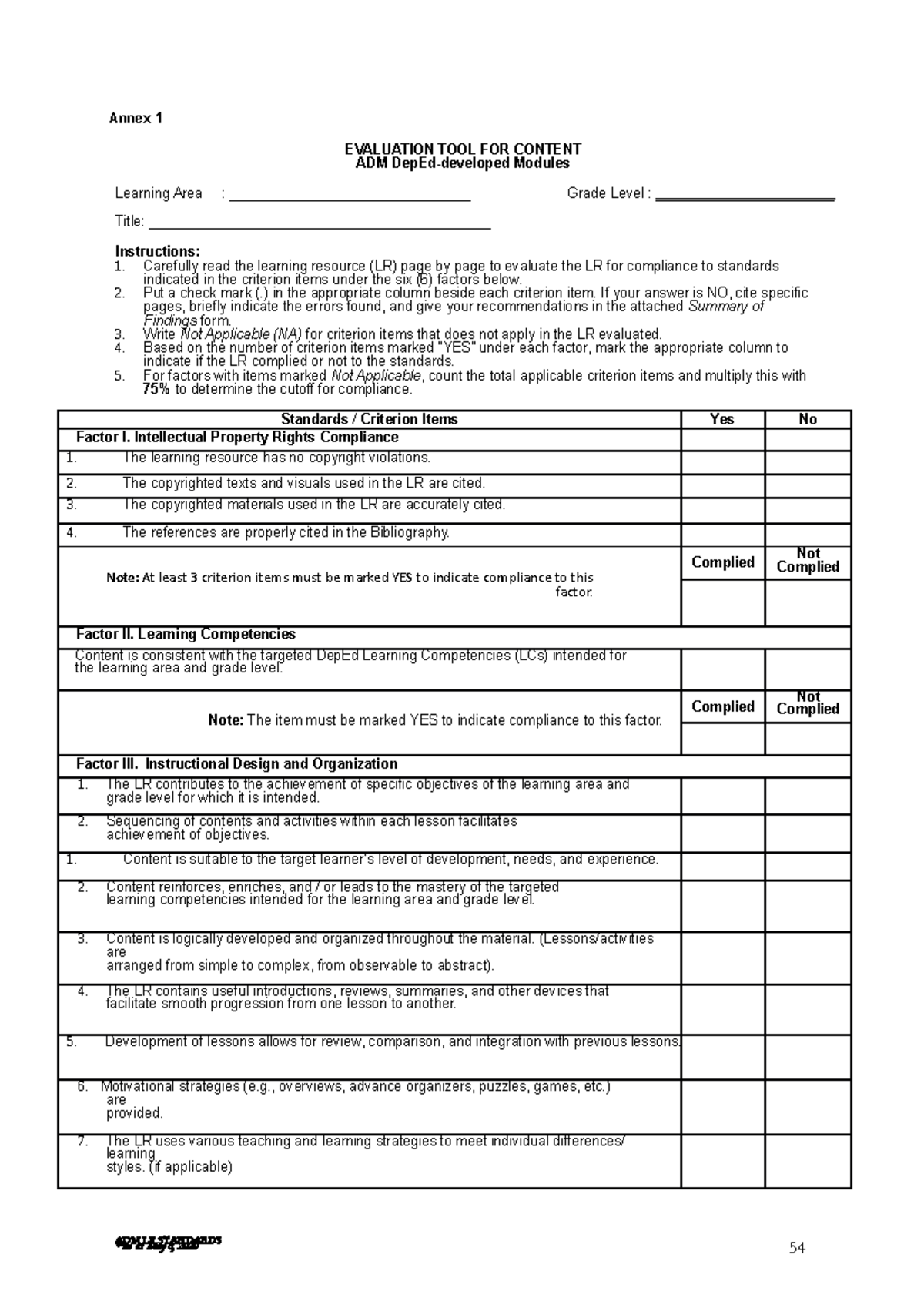 Evaluation Tool for ADM DepEd-Developed Modules Compliance - Studocu